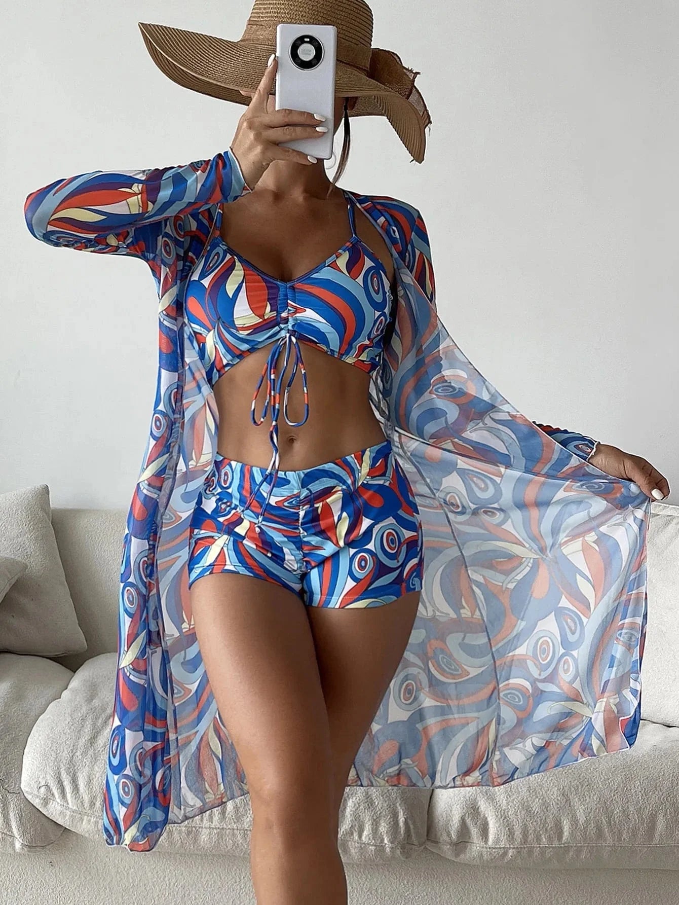3 Pieces Sexy Print Bikini Women High Waist Swimsuit Cover Up Swimwear Female Lady Bathing Suit Swimming Summer Beachwear