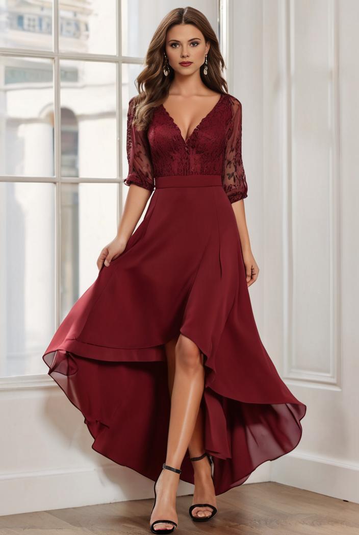 3 4 sleeve sheer sequin stripe high low hem evening dress 131560