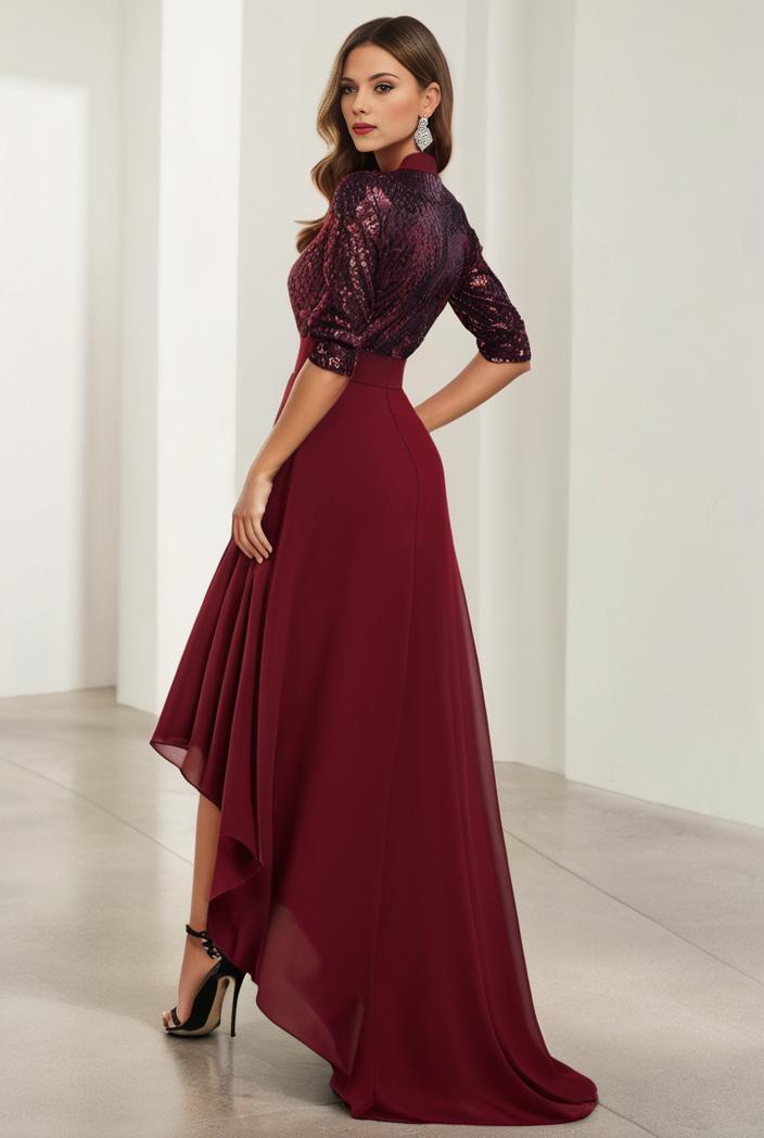 3 4 sleeve sheer sequin stripe high low hem evening dress 131571
