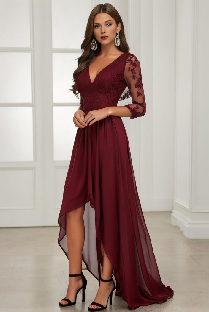3 4 sleeve sheer sequin stripe high low hem evening dress 131592