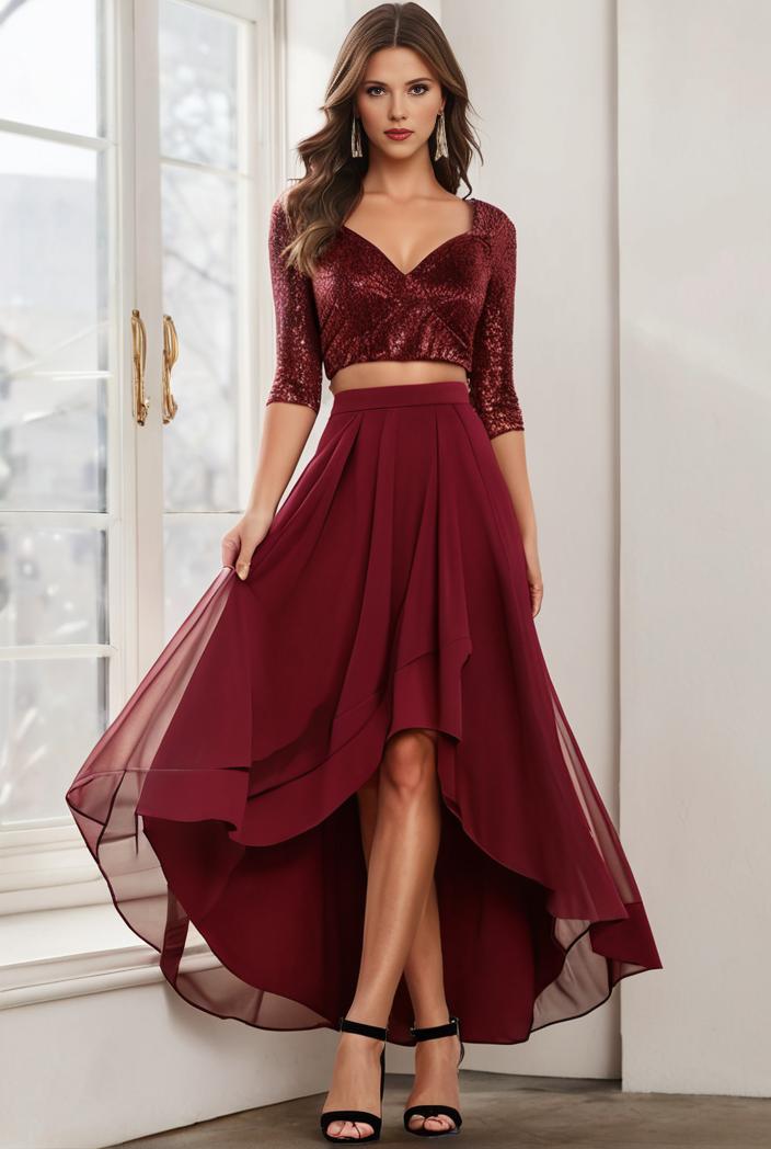 3 4 sleeve sheer sequin stripe high low hem evening dress 131602