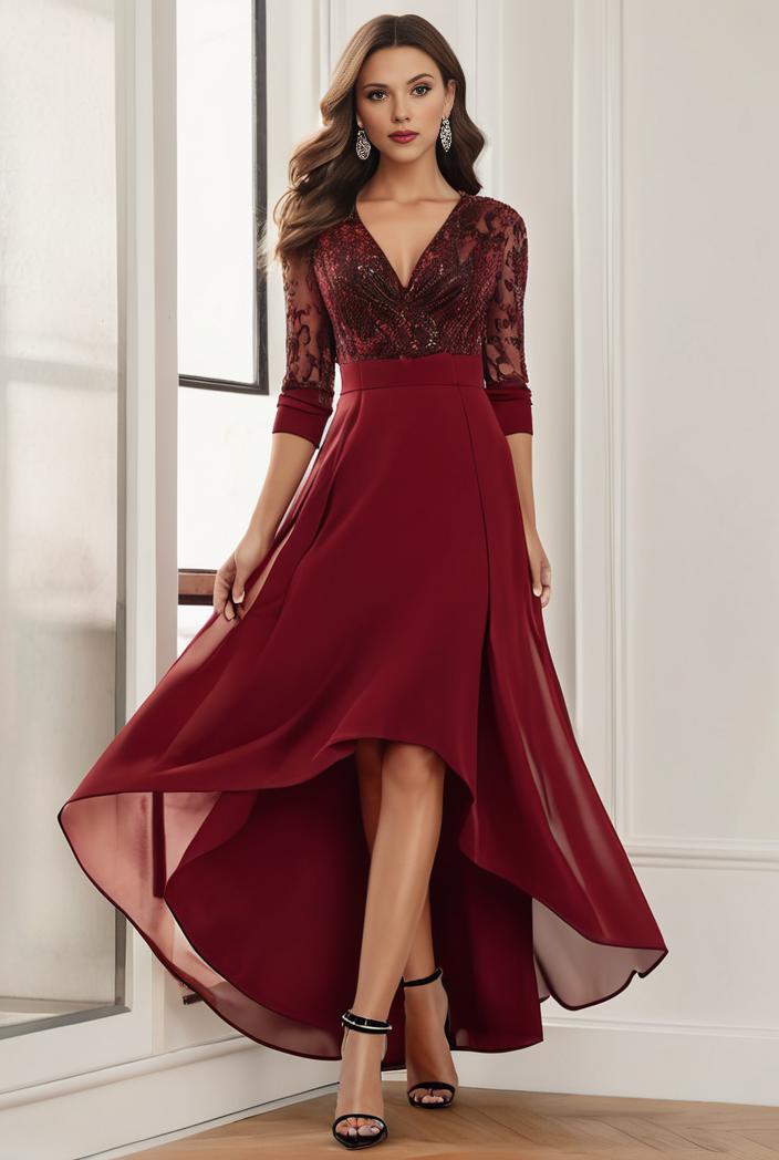 3 4 sleeve sheer sequin stripe high low hem evening dress 131603