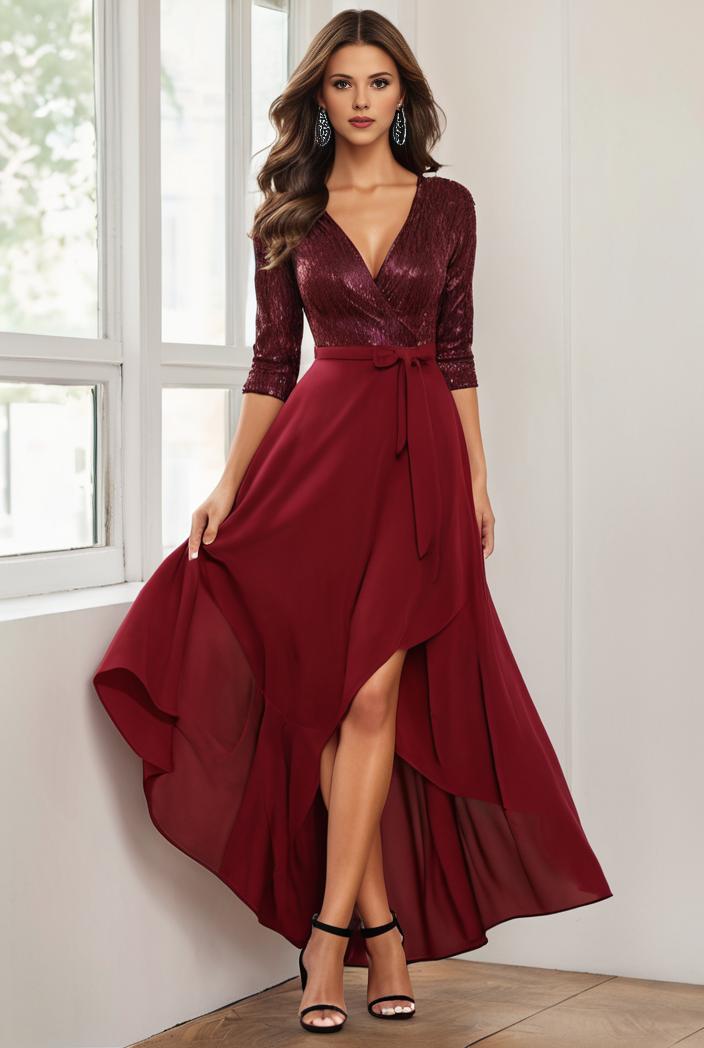 3 4 sleeve sheer sequin stripe high low hem evening dress 131604