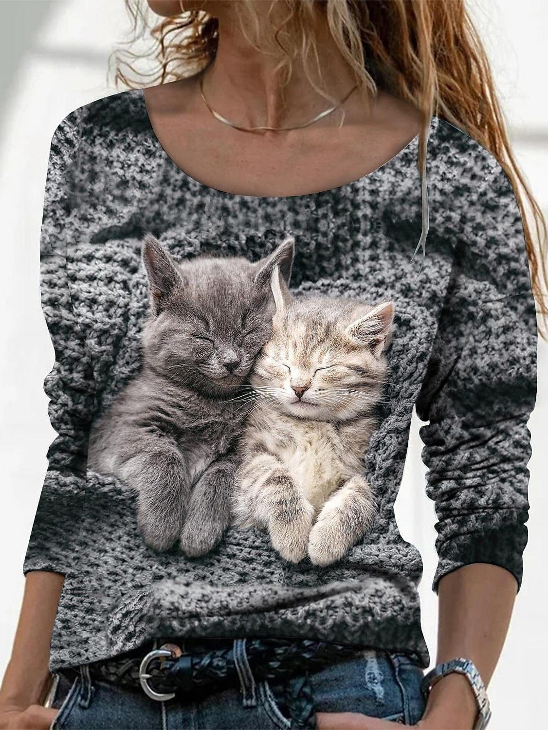 3D Cat Print Women's Long Sleeve T-Shirt in Dark Gray