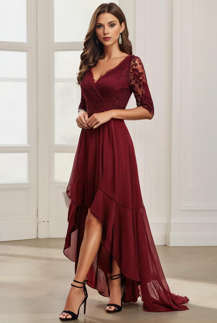 3 4 sleeve sheer sequin stripe high low hem evening dress 125416