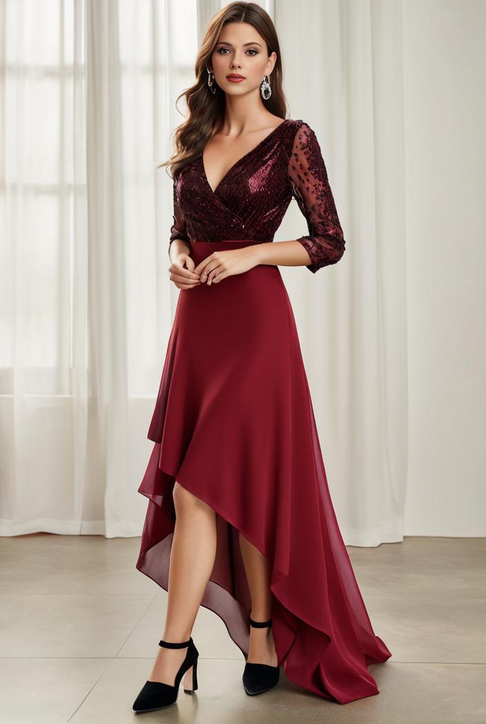 3 4 sleeve sheer sequin stripe high low hem evening dress 125422