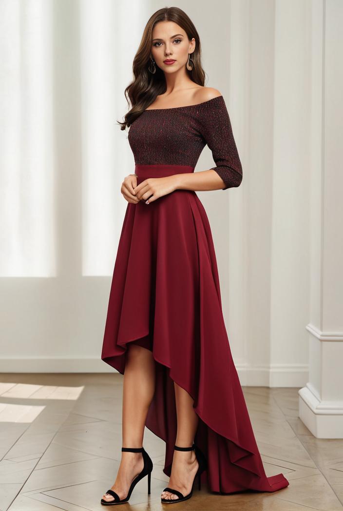 3 4 sleeve sheer sequin stripe high low hem evening dress 125423