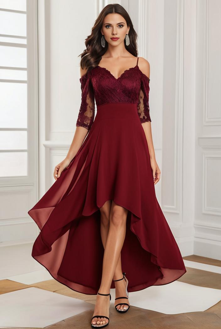 3 4 sleeve sheer sequin stripe high low hem evening dress 125432
