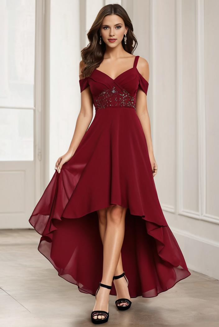 3 4 sleeve sheer sequin stripe high low hem evening dress 125437