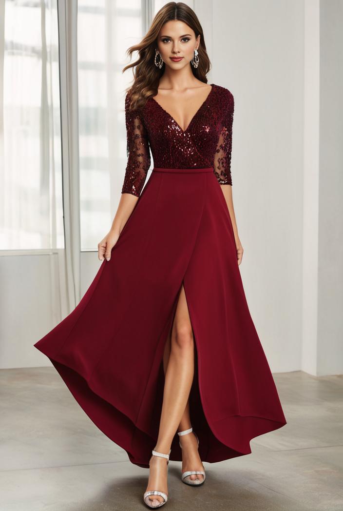 3 4 sleeve sheer sequin stripe high low hem evening dress 125438