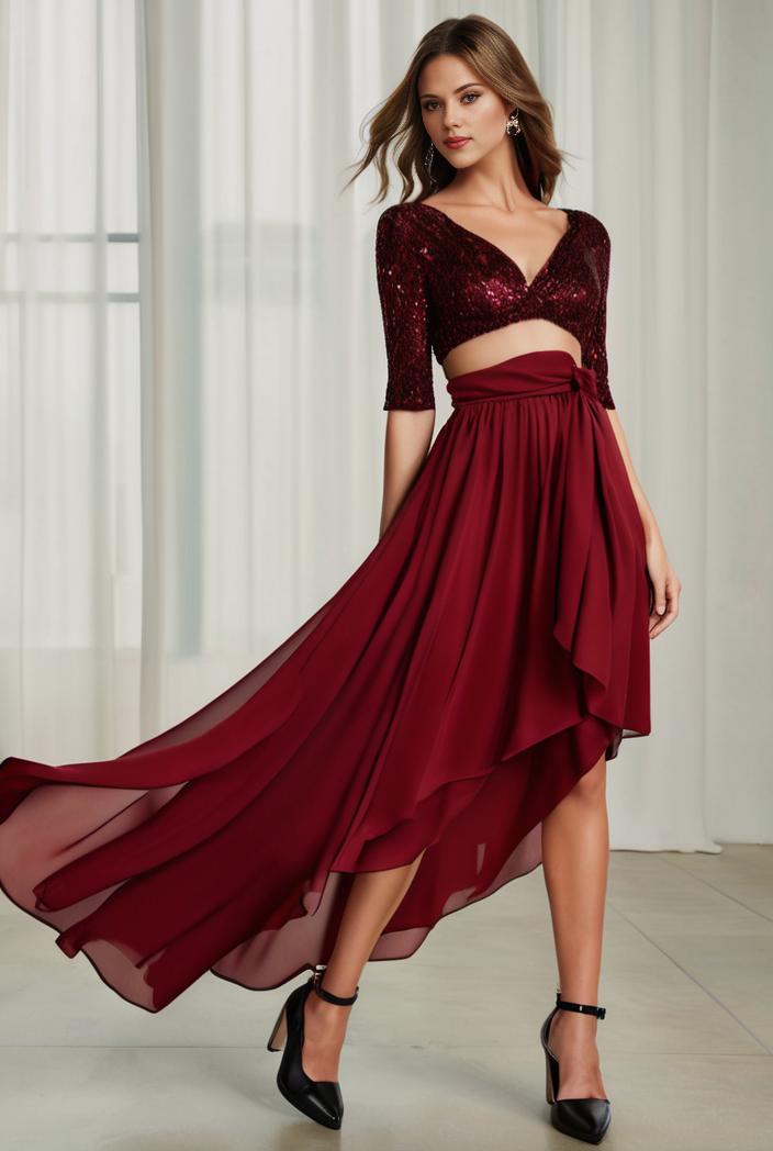 3 4 sleeve sheer sequin stripe high low hem evening dress 125454