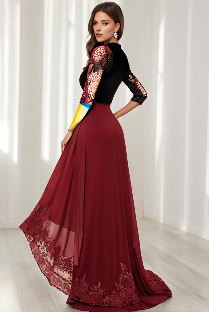 3 4 sleeve sheer sequin stripe high low hem evening dress 125459