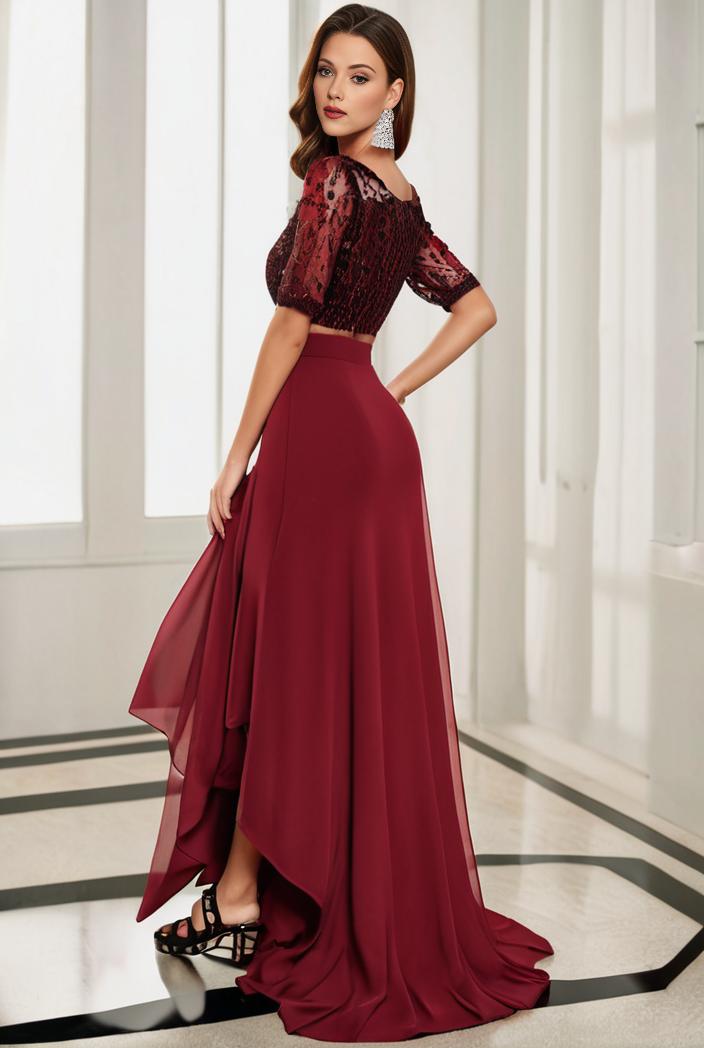 3 4 sleeve sheer sequin stripe high low hem evening dress 125462