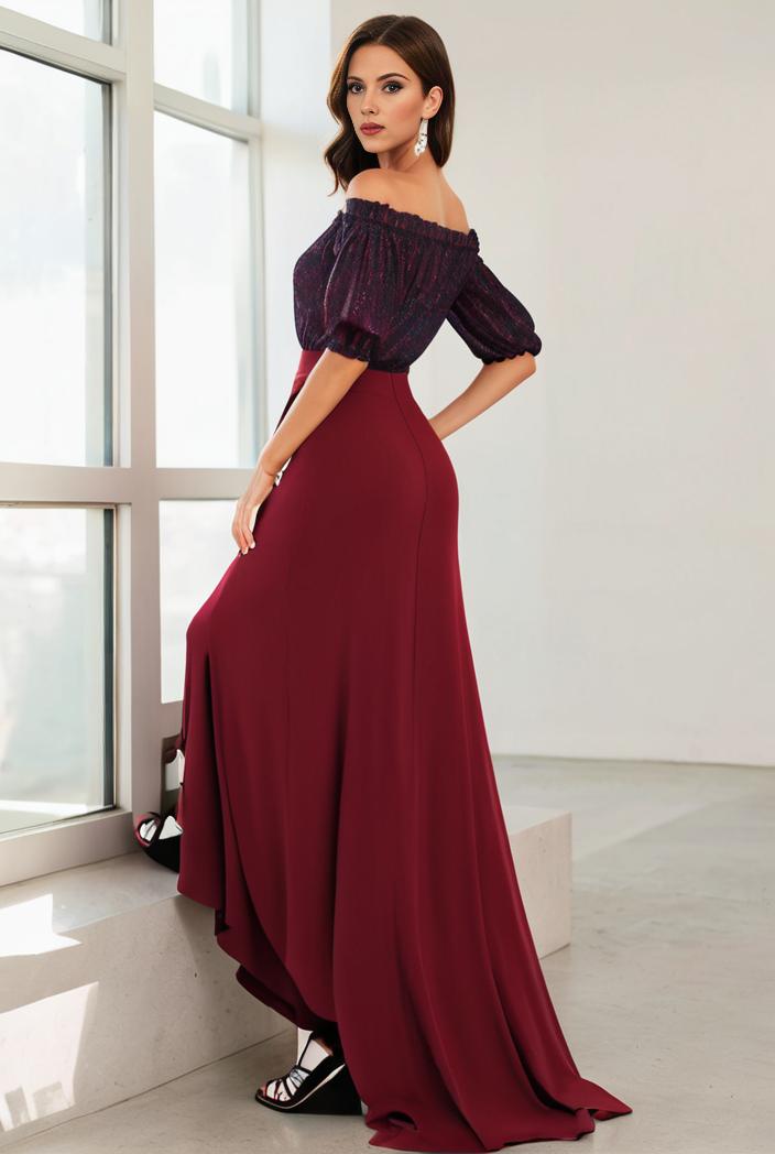 3 4 sleeve sheer sequin stripe high low hem evening dress 125463