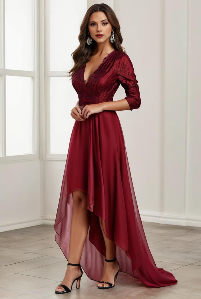 3 4 sleeve sheer sequin stripe high low hem evening dress 125466