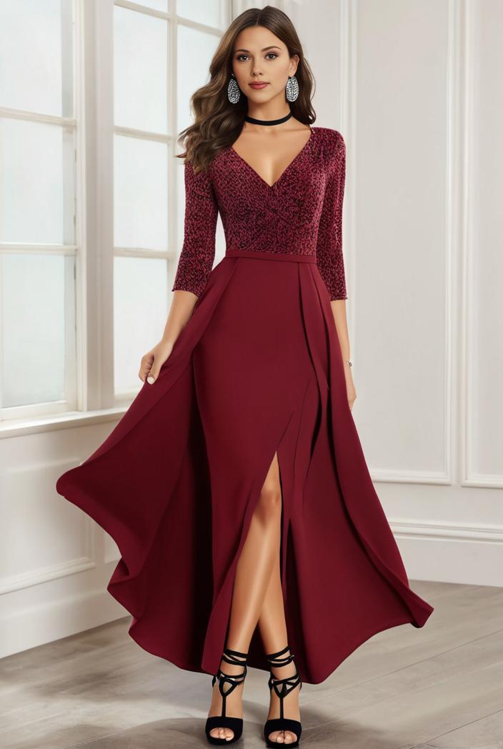 3 4 sleeve sheer sequin stripe high low hem evening dress 125473