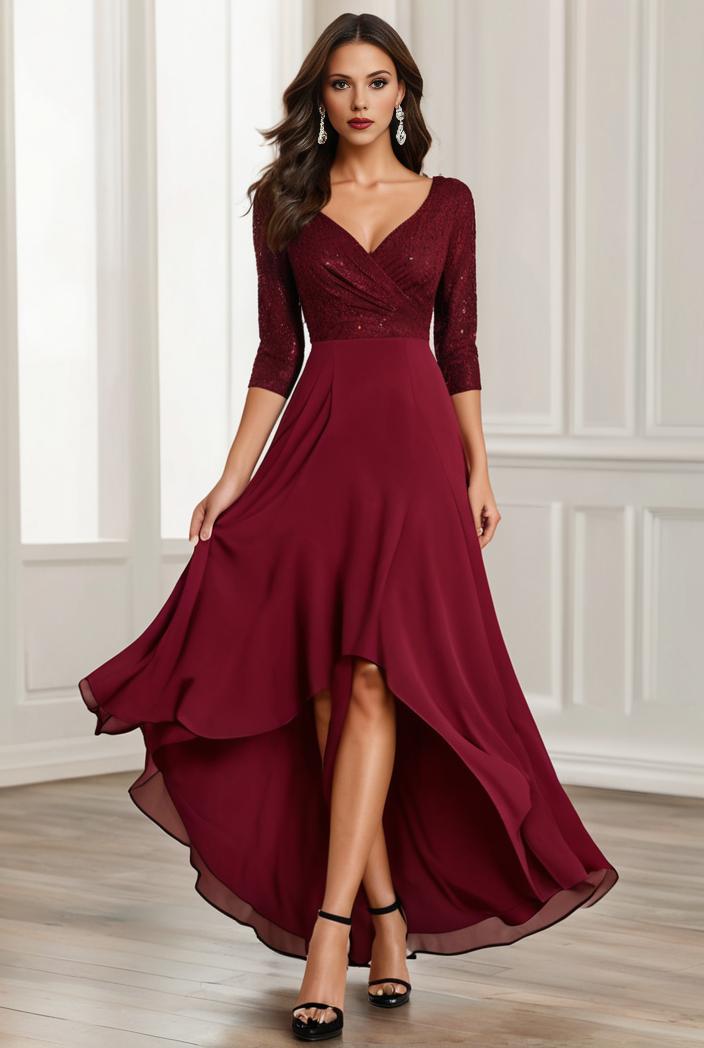 3 4 sleeve sheer sequin stripe high low hem evening dress 125474