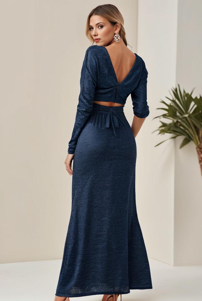 3 4 sleeve bodycon plunging back sequin evening dress 137478