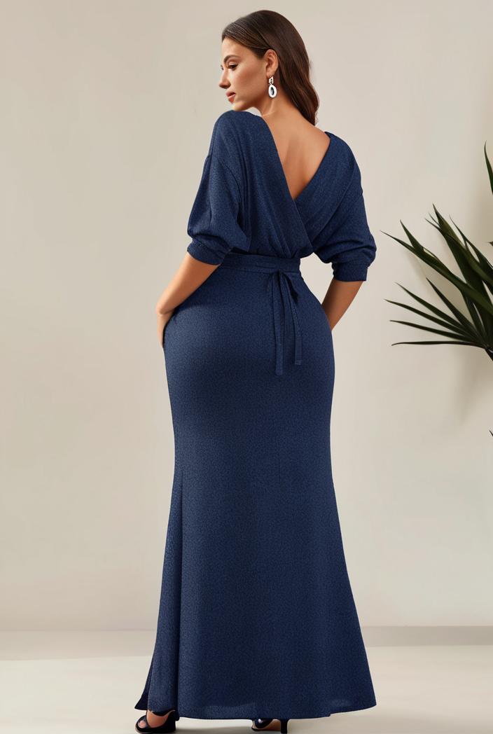 3 4 sleeve bodycon plunging back sequin evening dress 137480