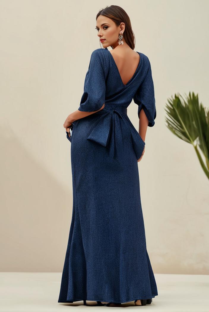 3 4 sleeve bodycon plunging back sequin evening dress 137481