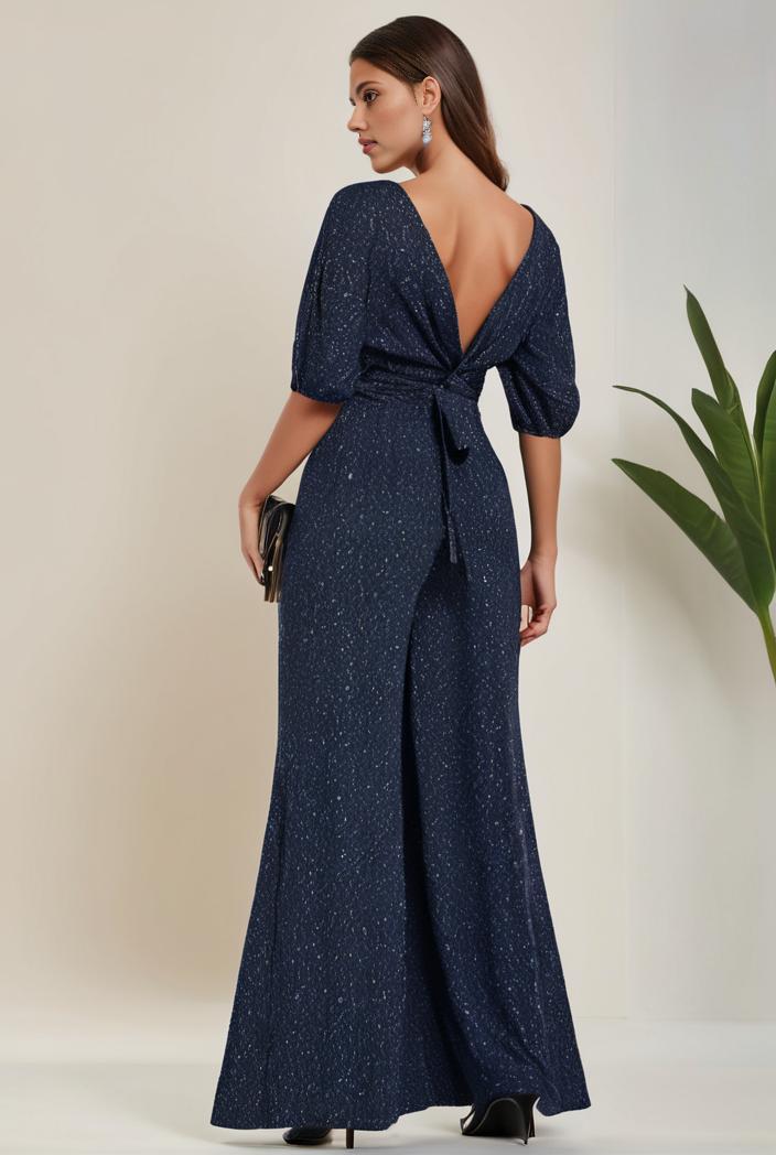 3 4 sleeve bodycon plunging back sequin evening dress 137484