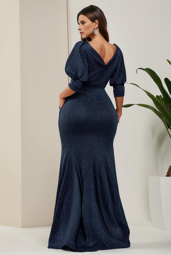 3 4 sleeve bodycon plunging back sequin evening dress 137485