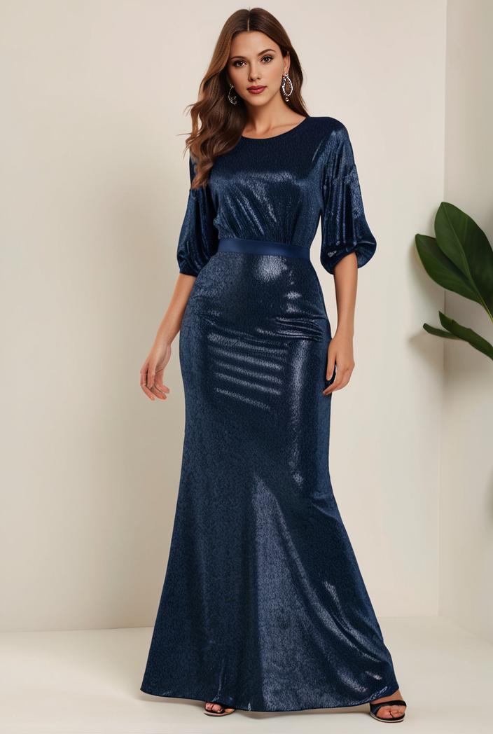 3 4 sleeve bodycon plunging back sequin evening dress 131360