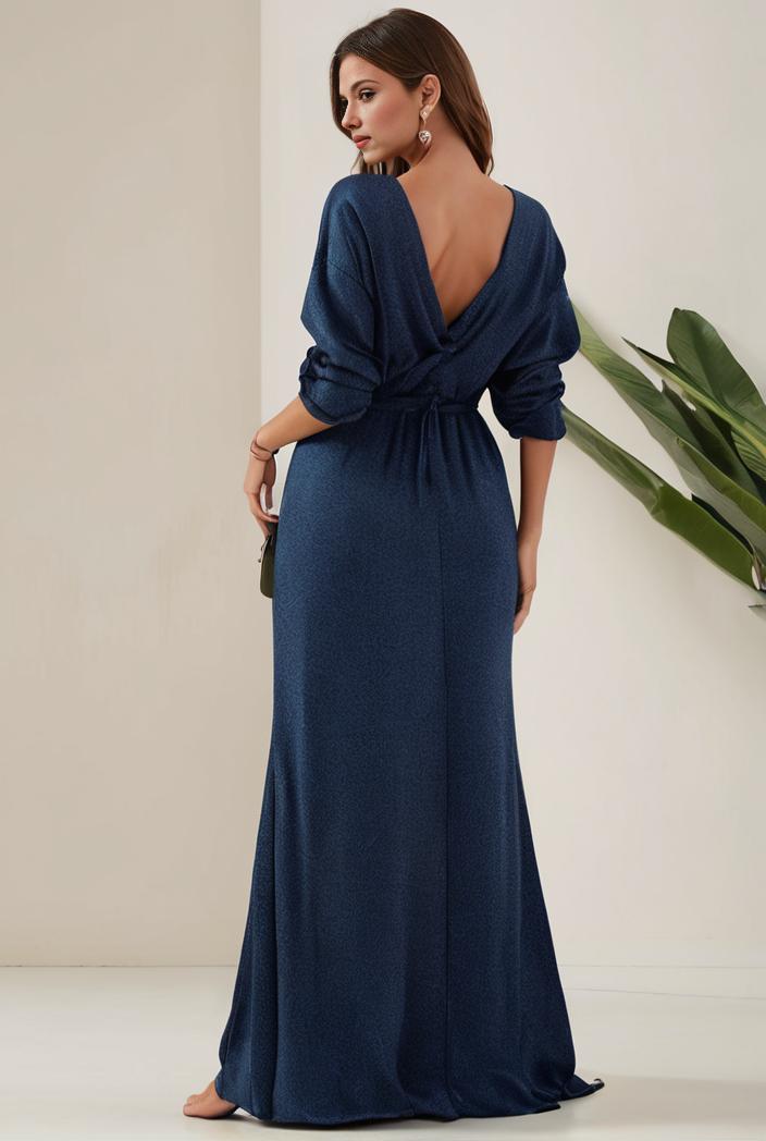 3 4 sleeve bodycon plunging back sequin evening dress 131374