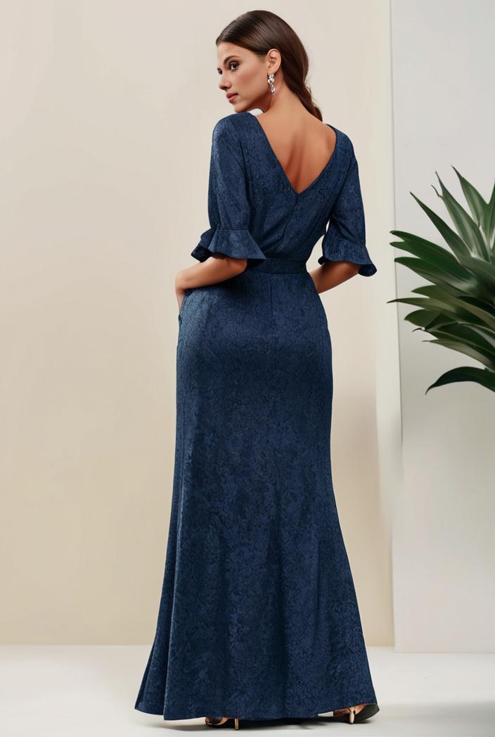 3 4 sleeve bodycon plunging back sequin evening dress 131375