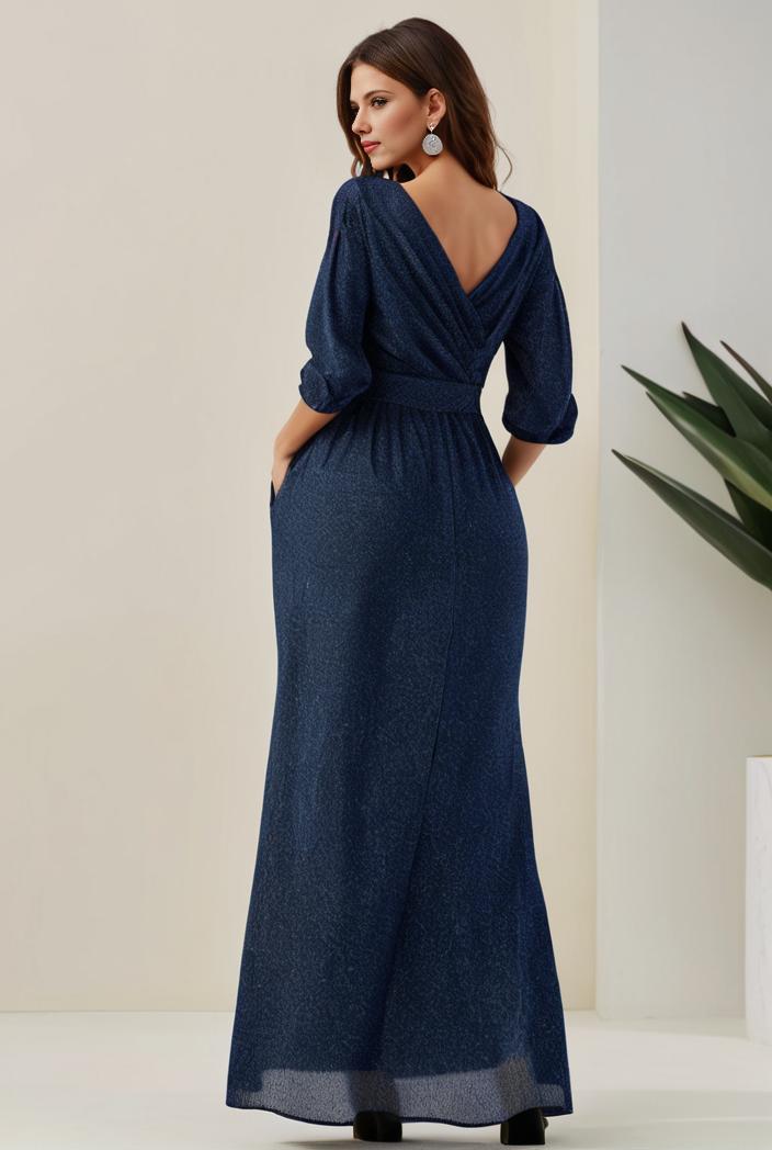 3 4 sleeve bodycon plunging back sequin evening dress 131381