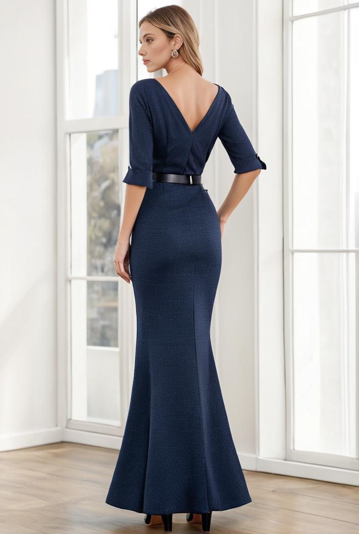 3 4 sleeve bodycon plunging back sequin evening dress 131382