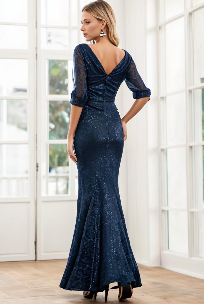 3 4 sleeve bodycon plunging back sequin evening dress 131384