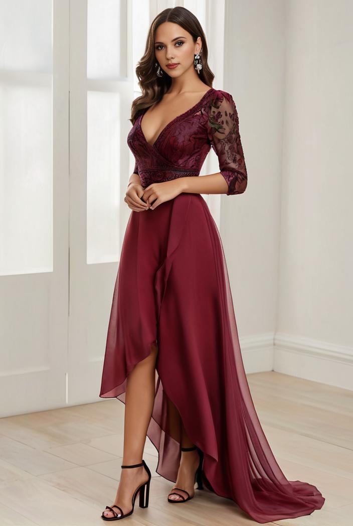 3 4 sleeve sheer sequin stripe high low hem evening dress 131412