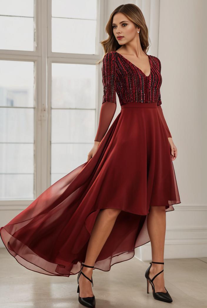 3 4 sleeve sheer sequin stripe high low hem evening dress 131416