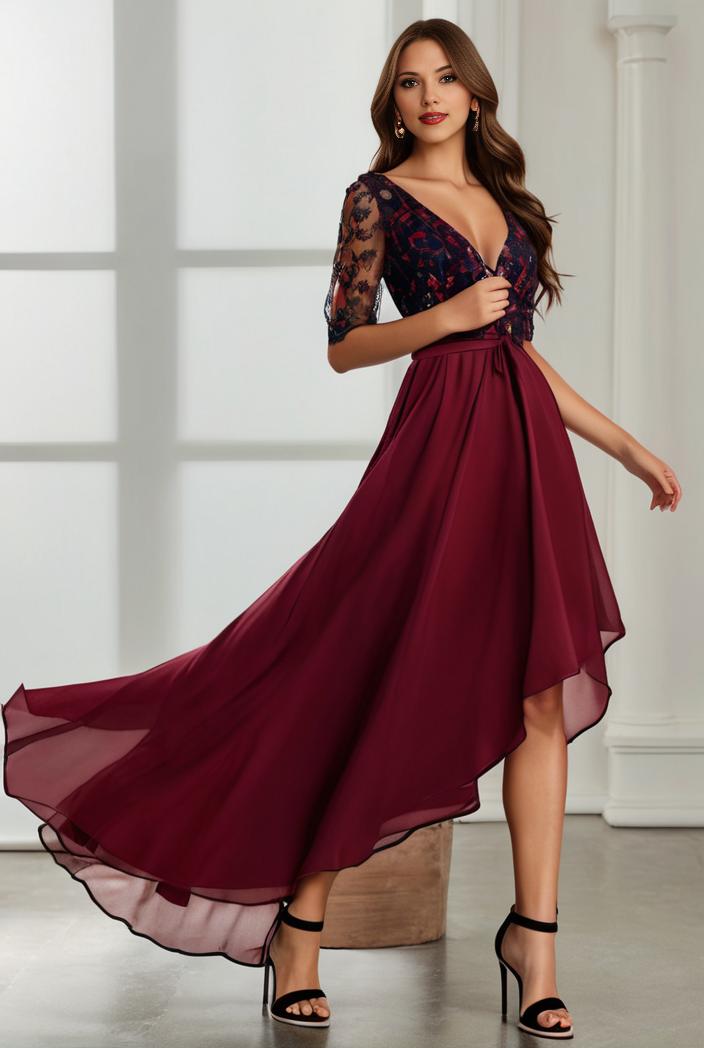 3 4 sleeve sheer sequin stripe high low hem evening dress 131418