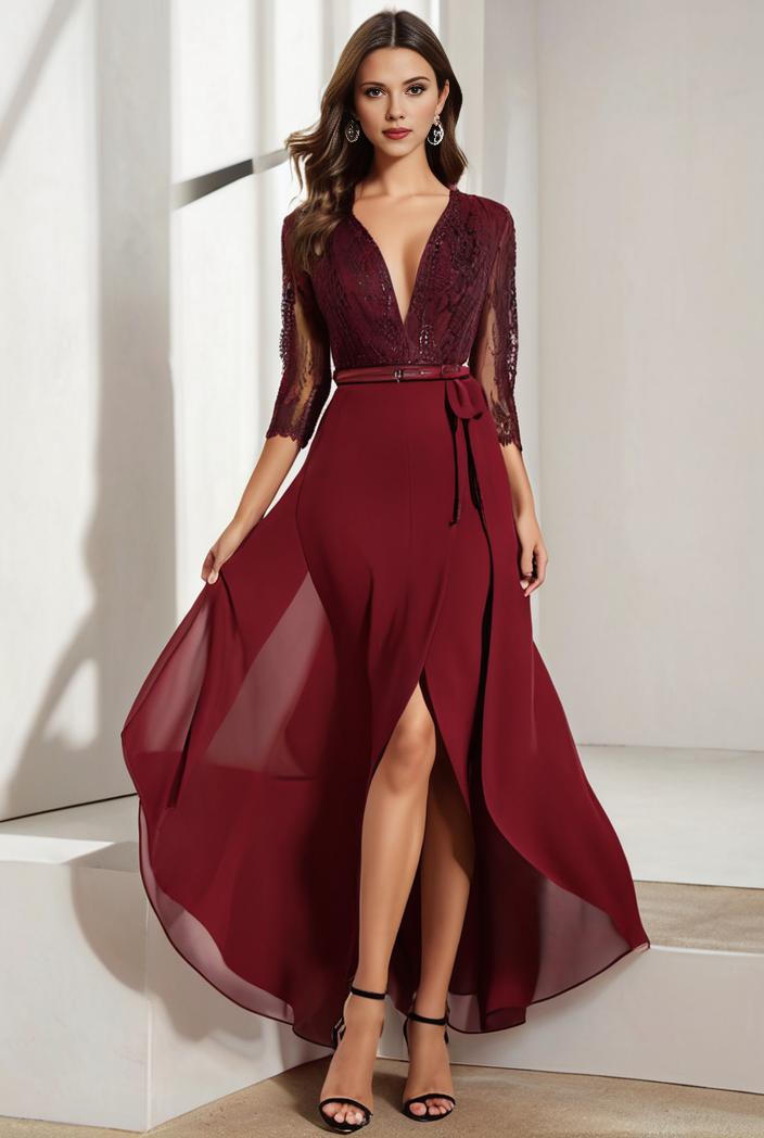 3 4 sleeve sheer sequin stripe high low hem evening dress 131428