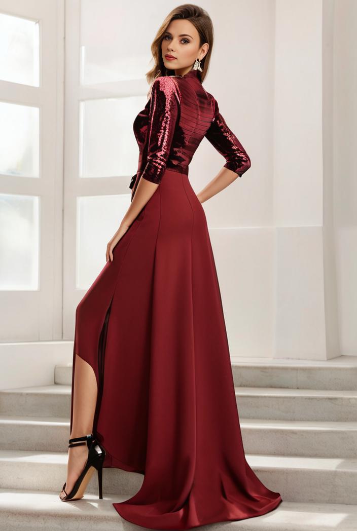 3 4 sleeve sheer sequin stripe high low hem evening dress 131432