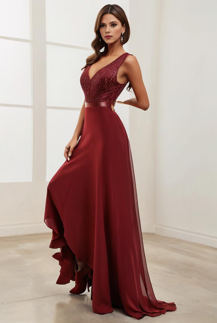 3 4 sleeve sheer sequin stripe high low hem evening dress 131447