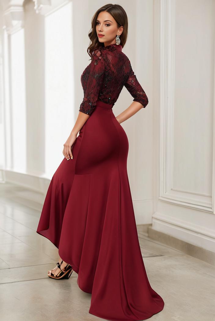 3 4 sleeve sheer sequin stripe high low hem evening dress 131453