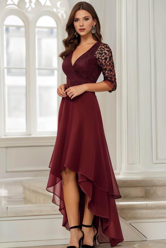 3 4 sleeve sheer sequin stripe high low hem evening dress 131461