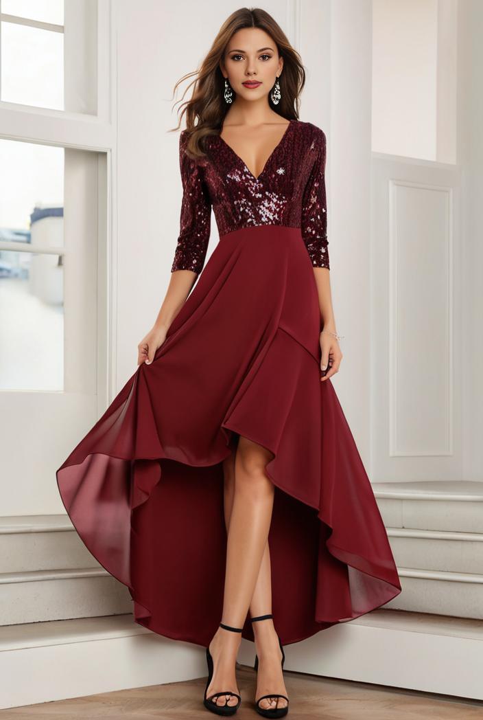 3 4 sleeve sheer sequin stripe high low hem evening dress 131464