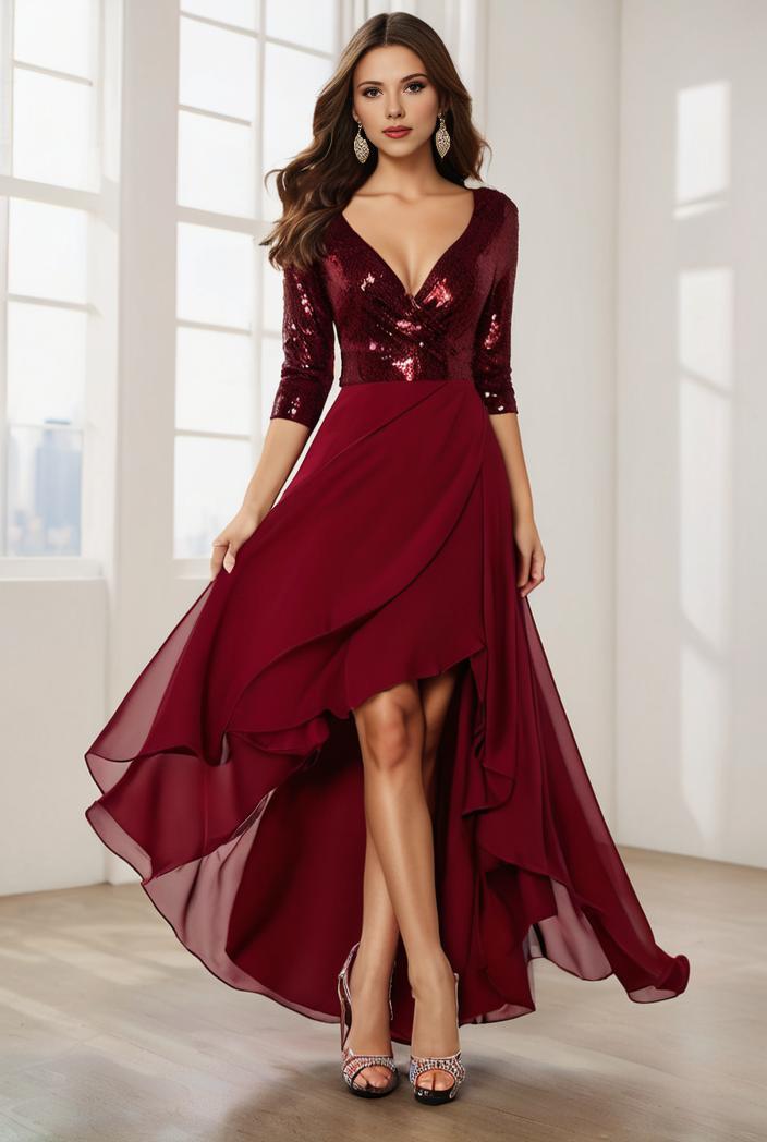 3 4 sleeve sheer sequin stripe high low hem evening dress 131465