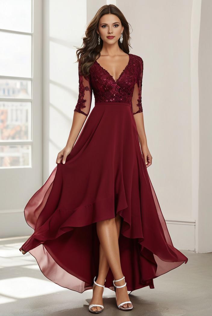 3 4 sleeve sheer sequin stripe high low hem evening dress 131466