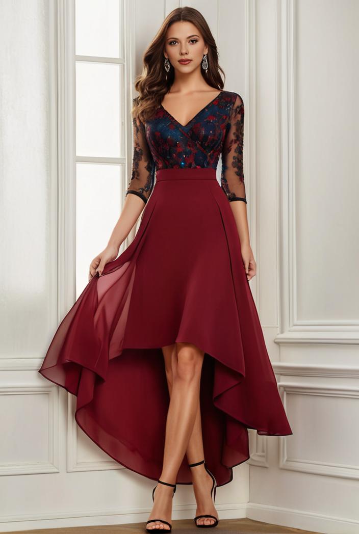 3 4 sleeve sheer sequin stripe high low hem evening dress 131469