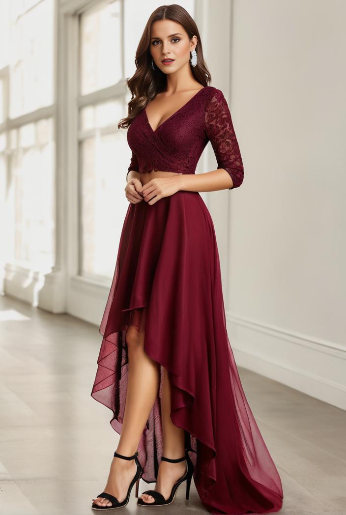 3 4 sleeve sheer sequin stripe high low hem evening dress 145533