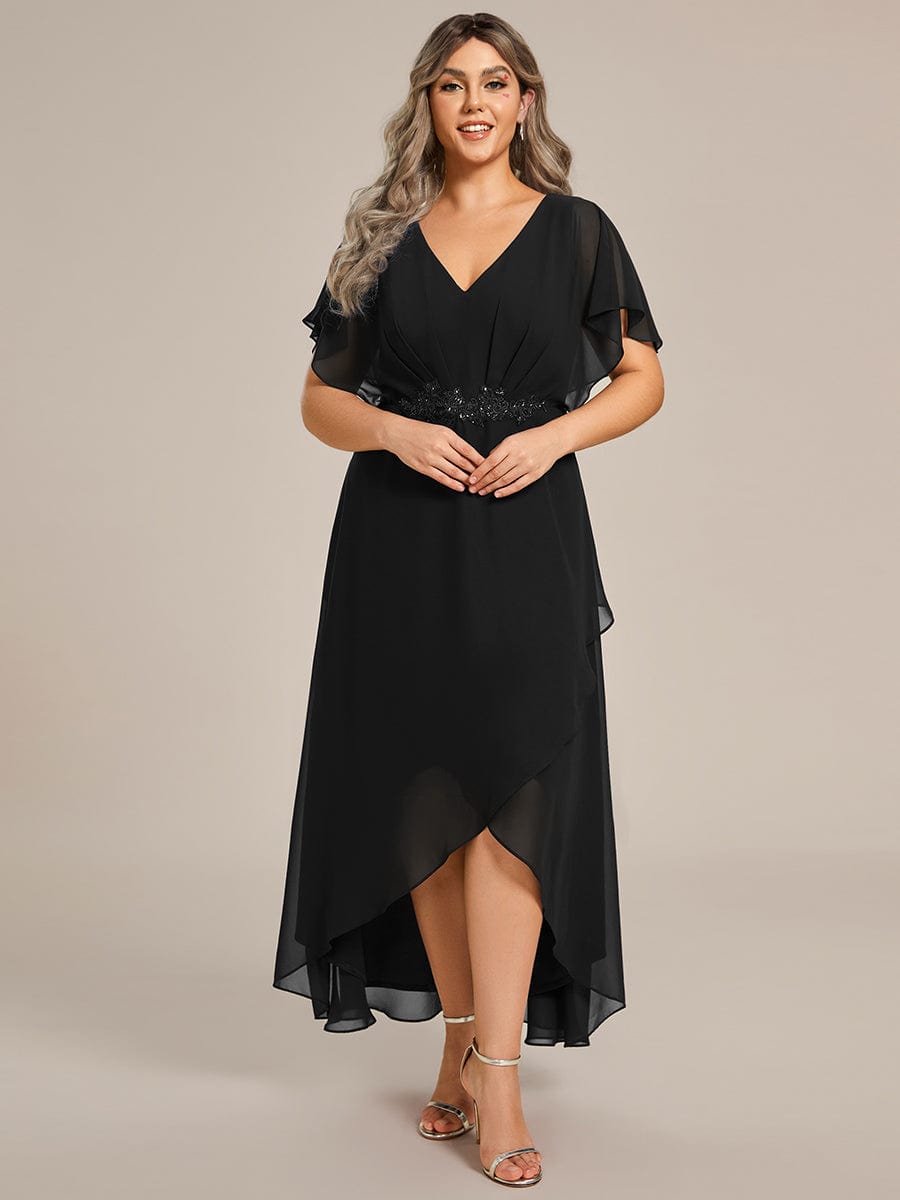 Chic Plus Size Chiffon A-Line Formal Dress with Bat-Wing Sleeves and Waist Applique