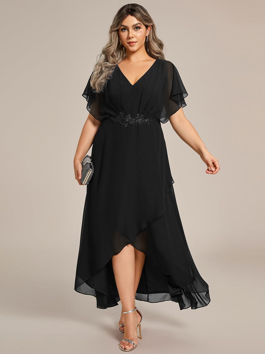 Chic Plus Size Chiffon A-Line Formal Dress with Bat-Wing Sleeves and Waist Applique