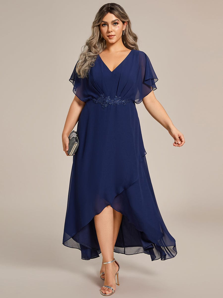 Chic Plus Size Chiffon A-Line Formal Dress with Bat-Wing Sleeves and Waist Applique