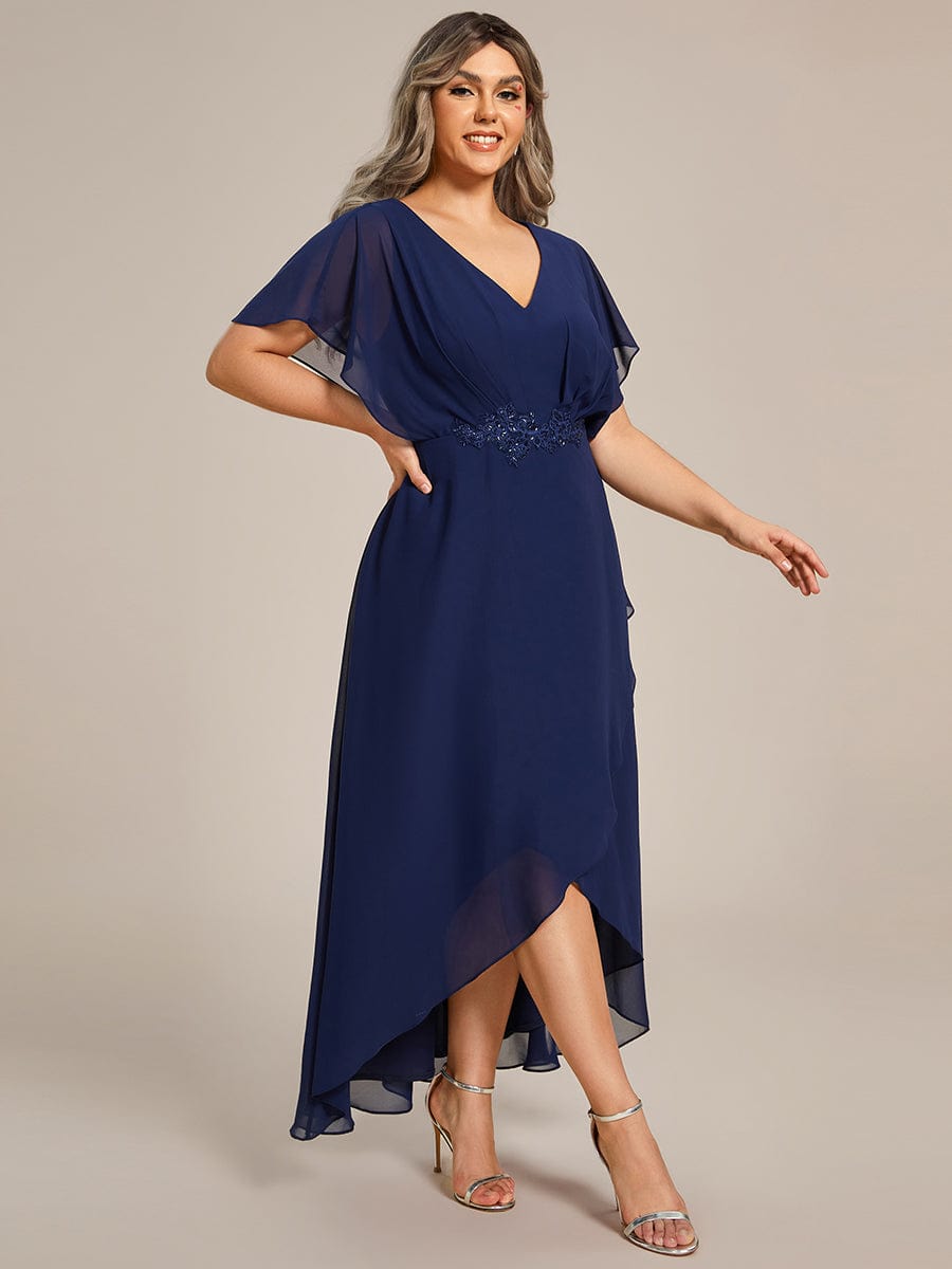 Chic Plus Size Chiffon A-Line Formal Dress with Bat-Wing Sleeves and Waist Applique