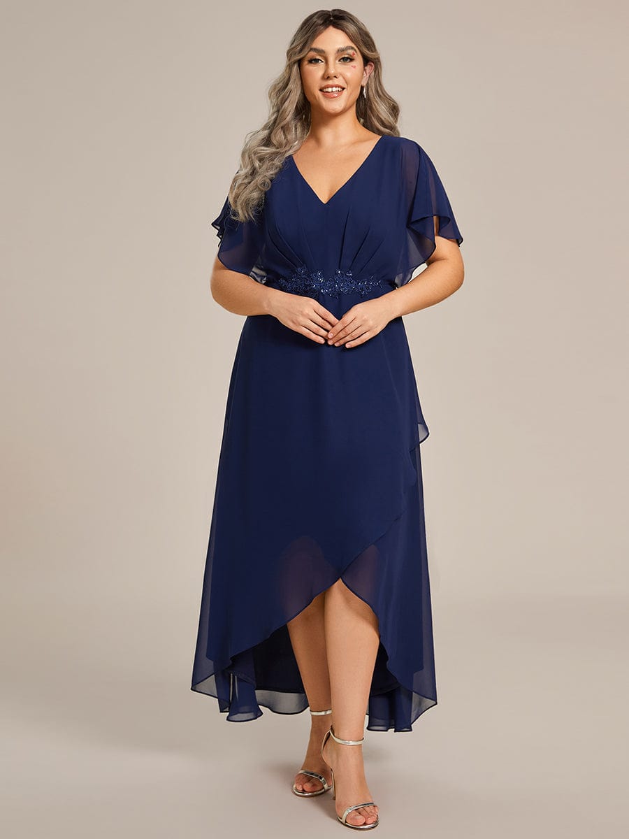 Chic Plus Size Chiffon A-Line Formal Dress with Bat-Wing Sleeves and Waist Applique